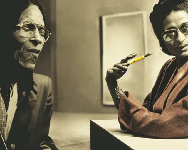 Image similar to Rosa Parks smoking cannabis from a bong , next to Bob Marley; cinema film; art direction; dramatic Studio lighting by John Gaeta