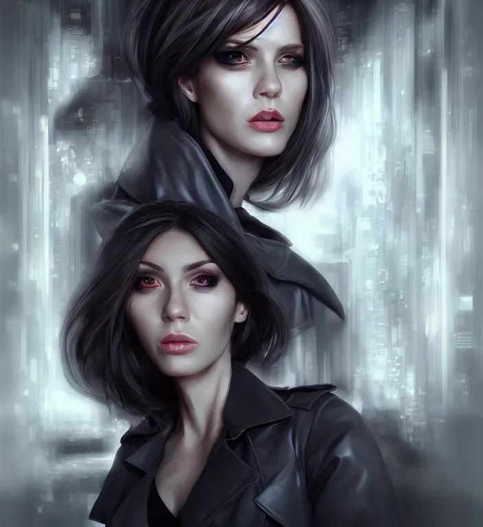 Prompt: photorealistic portrait of a beautiful half cyborg woman with a mischievous look, the half cyborg woman is wearing a long trench coat, in an underground parking garage, in the style of Artgerm and NeoArtCorE, dark mood