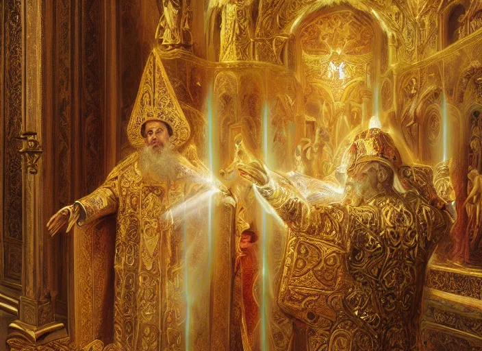 Image similar to worship of the pope, royal robe, gold trim, mysticism, close - up, light effect, hyper detailed, intricate, atmospheric, elegant, photorealistic by paul lehr, marco mazzoni, featured on cgsociety, rococo, whimsical, artstation