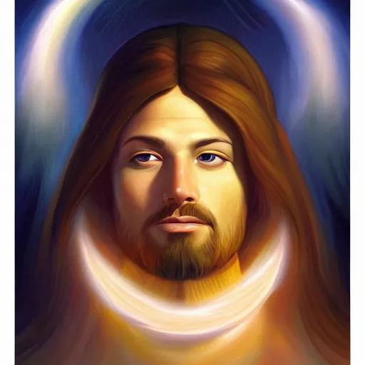 Image similar to a painting of Lindsay Sterling as the Messiah by Ross Tran, Bruce Timm and Vladimir Kush, highly detailed digital art, holy aura, serene expression