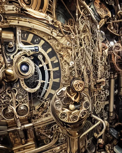 Prompt: surreal explosion of fashion photography of ornate dialysis machine face with carved intricate clockwork and tubes cables, liquid in tubes dialysis machine, beautiful composition, wide angle