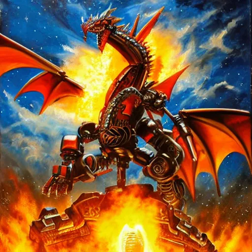 Image similar to giant robot fights against fantasy dragon, dragon breathing fire, robot shooting gun, background in space, oil painting