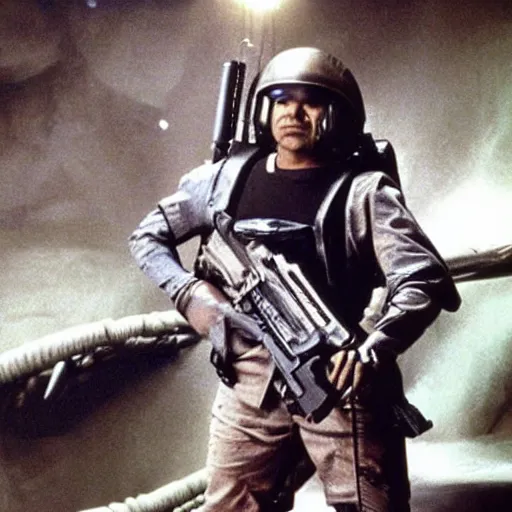 Image similar to George Lopez dressed as a Colonial Marine from Aliens (1986).