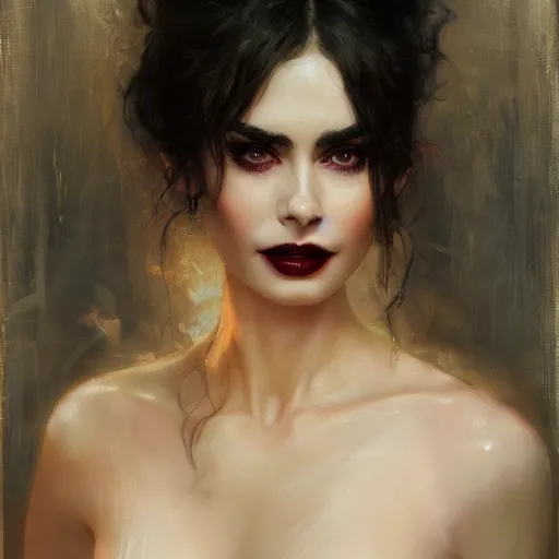 Image similar to detailed realistic cinematic wide shot of beautiful attractive lilly collins vampire woman wearing black bath robe slim face symettrical face clean skin black eyes black robe smooth, sharp focus, ultra realistic, spring light, painting by gaston bussiere, craig mullins, j. c. leyendecker