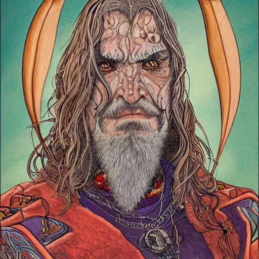 Image similar to impossibly detailed & intricate illustration portrait of the vampire king, colored, by josh kirby, super refined, 8 k, detailed line work