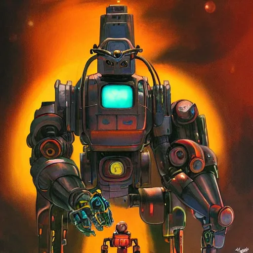 Image similar to a dark and colorful close - up of a sci - fi mecha courage the cowardly dog with led lights glowing fog in the background. highly detailed science fiction painting by norman rockwell, frank frazetta, and syd mead. rich colors, high contrast, gloomy atmosphere, dark background. trending on artstation