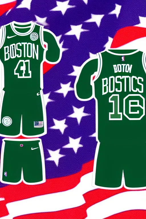 Prompt: boston celtics 4 th of july uniforms, patriotic, god bless america, concept art