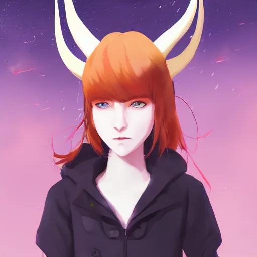 Image similar to portrait of a pale redheaded demon girl with yellow eyes and horns wearing a jacket, galaxy background, highly detailed, digital painting, artstation, matte, by makoto shinkai, animation style, studio ghibli, anime key visual