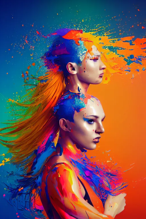 Prompt: a award winning half body portrait of a beautiful woman in a croptop and cargo pants with ombre orange blue teal hairstyle with head in motion and hair flying, paint splashes, splatter, outrun, vaporware, shaded flat illustration, digital art, trending on artstation, highly detailed, fine detail, intricate