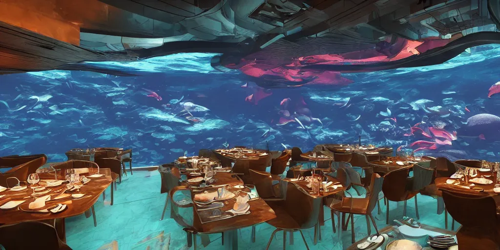 Prompt: Futuristic-looking cyberpunk restaurant underwater below ocean with whales big screen. Chairs with people sitting in the restaurant in the style of sci-fi movie. Cinematic, ArtStation, realistic photograph, ambient, vibrant colors, rays, Unreal Engine 5, rendered by Octane.