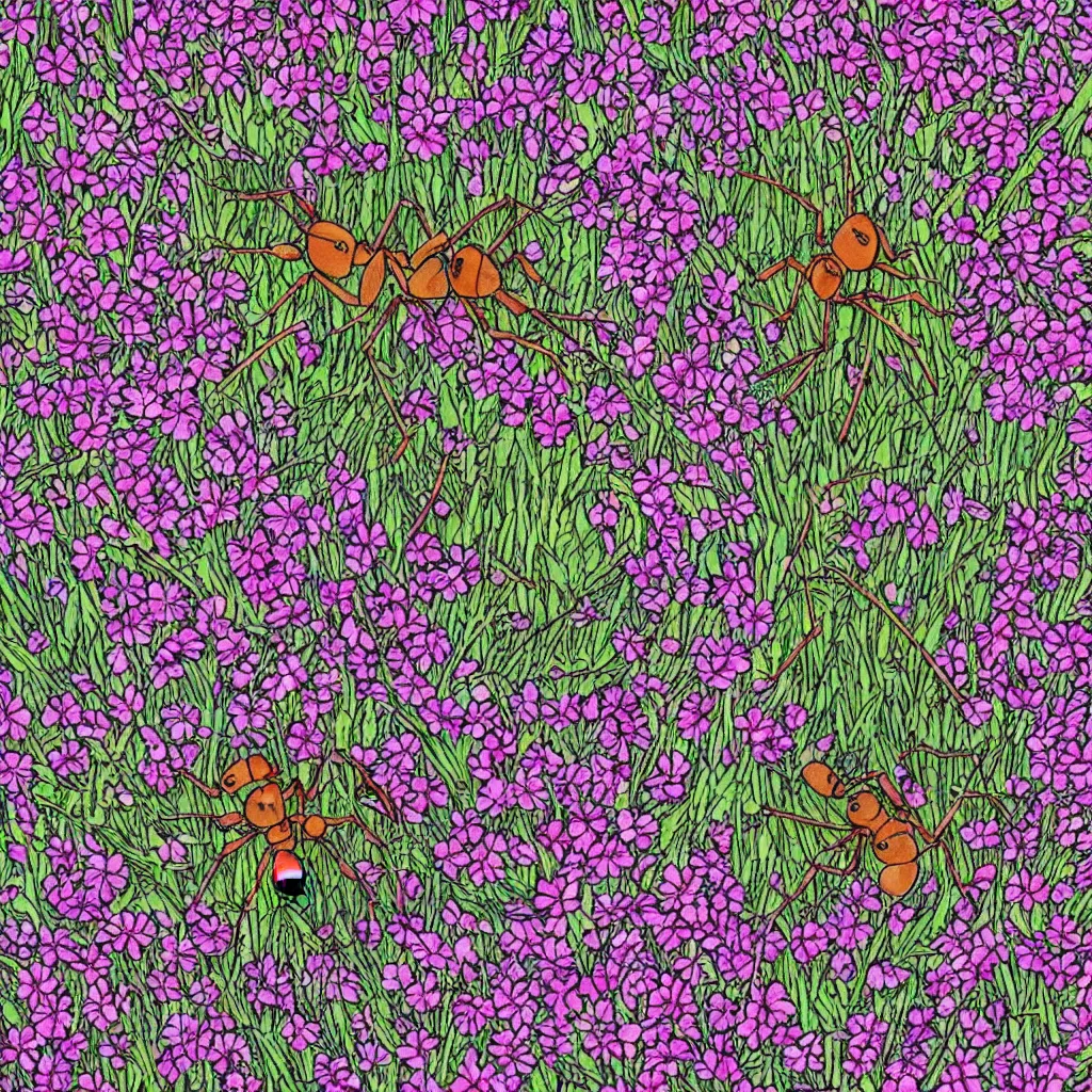 Image similar to a symmetric portrait of an ant surrounded by flowers, by well renowned world artist