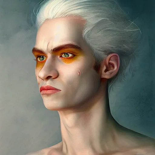 Prompt: god, non-binary, white hair, long hair, artstation, georgeus, ethereal, sharp focus, highly detailed, by victor nizovtsev