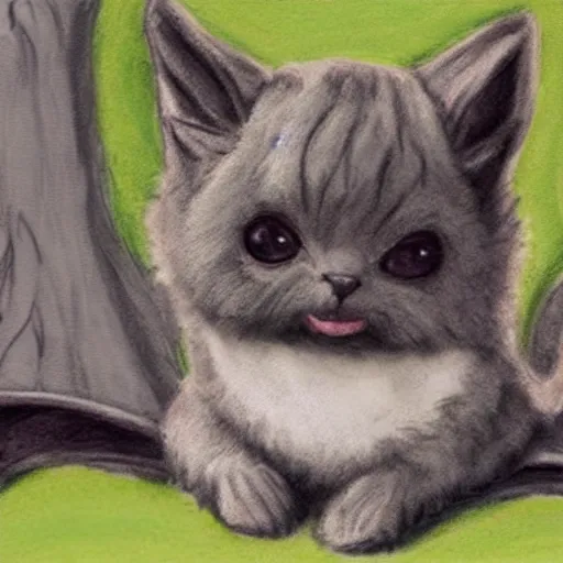 Image similar to a child drawning of a bat kitten sitting in the forest