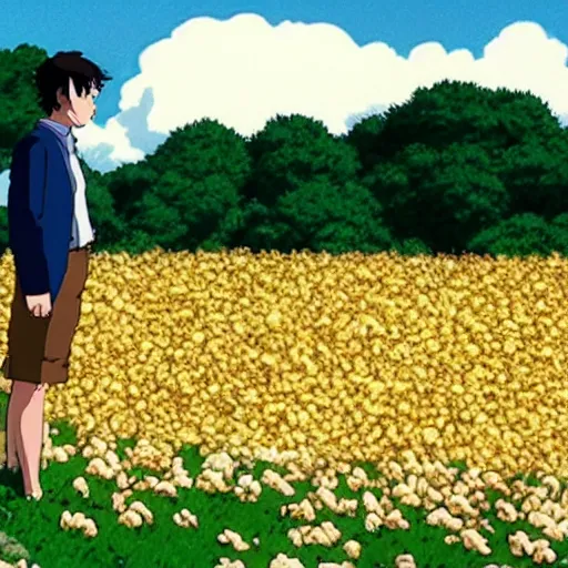 Prompt: man stands on a meadow made of popcorn, studio ghibli