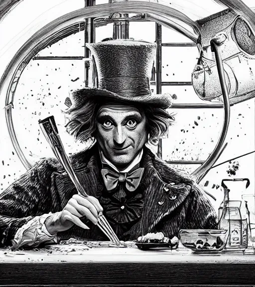 Prompt: beautiful willie wonka cooking meth black and white drawing, in the style of greg rutkowski, fantasy, amazing detail, epic, intricate, elegant, smooth, sharp focus