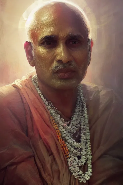 Image similar to hindu priest, close - up portrait, devoted, intricate, elegant, volumetric lighting, scenery, digital painting, highly detailed, artstation, sharp focus, illustration, concept art, ruan jia, steve mccurry