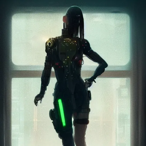 Image similar to portrait of cyberpunk woman looking out of a window, cyberpunk setting, futuristic, highly detailed, intricate lighting, digital painting, sharp focus, illustration, trending on artstation, art by pixar animation.