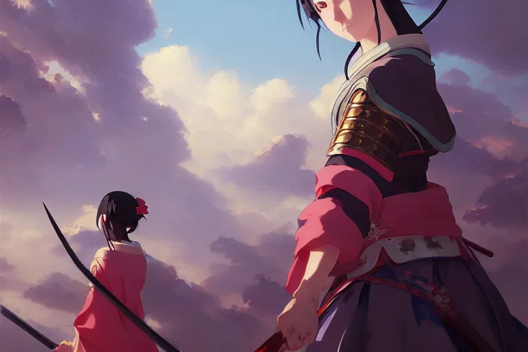 Image similar to baroque oil painting of anime key visual concept art of a samurai girl, very anime, stars vackground, trending on artstation, oil on canvas, style of makoto shinkai greg rutkowski studio ghibli