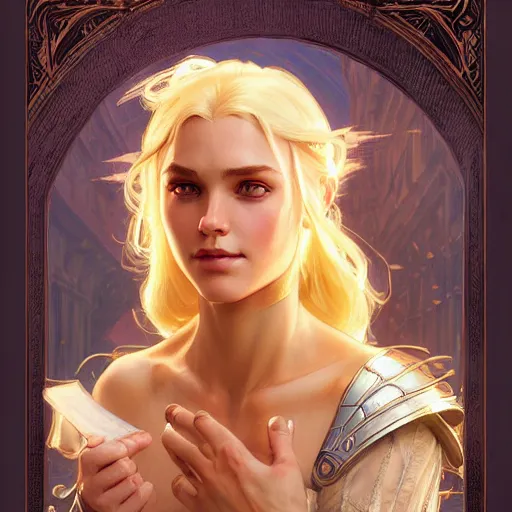 Prompt: an epic fantasy comic book style portrait painting of a young blonde girl thief, d & d, fantasy, joyful smirk, intricate, elegant, digital painting, artstation, concept art, matte, sharp focus, illustration, art by artgerm and greg rutkowski and alphonse mucha