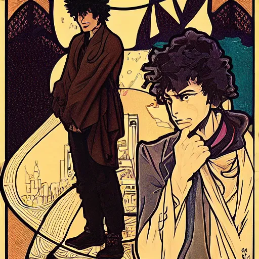 Image similar to concept art, silhouette of Spike Spiegel in front of Ganymede in the style of Alphonse Mucha and Hiroya Oku, very detailed, trending on artstation,