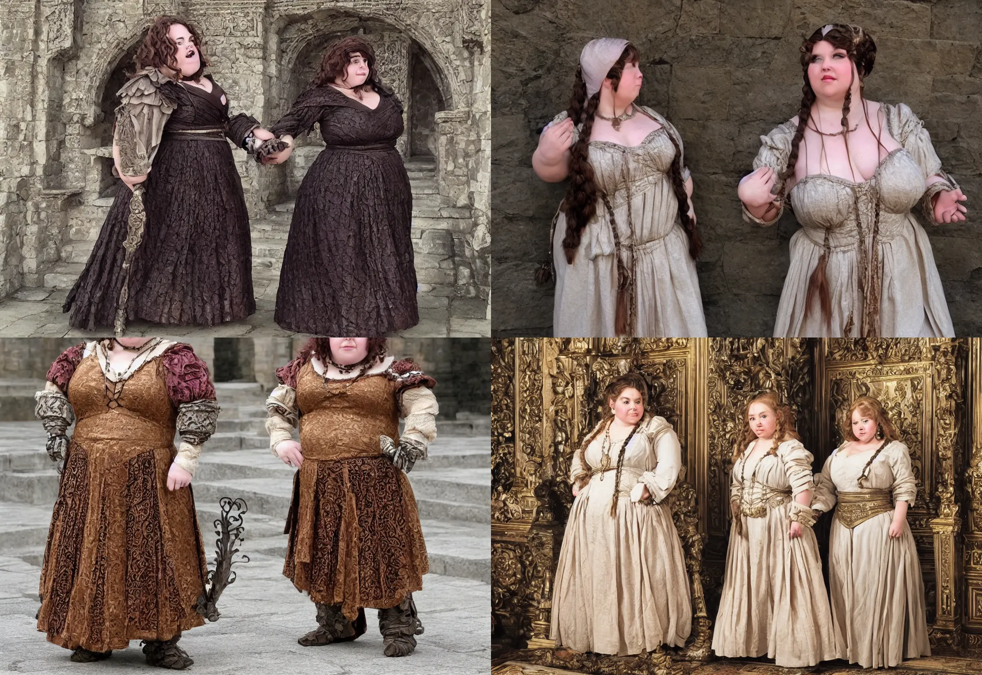 Prompt: chubby dwarven noblewoman wearing an elegant dress at the royal palace | plump stocky body | braided hair | dungeons and dragons | tim burton |