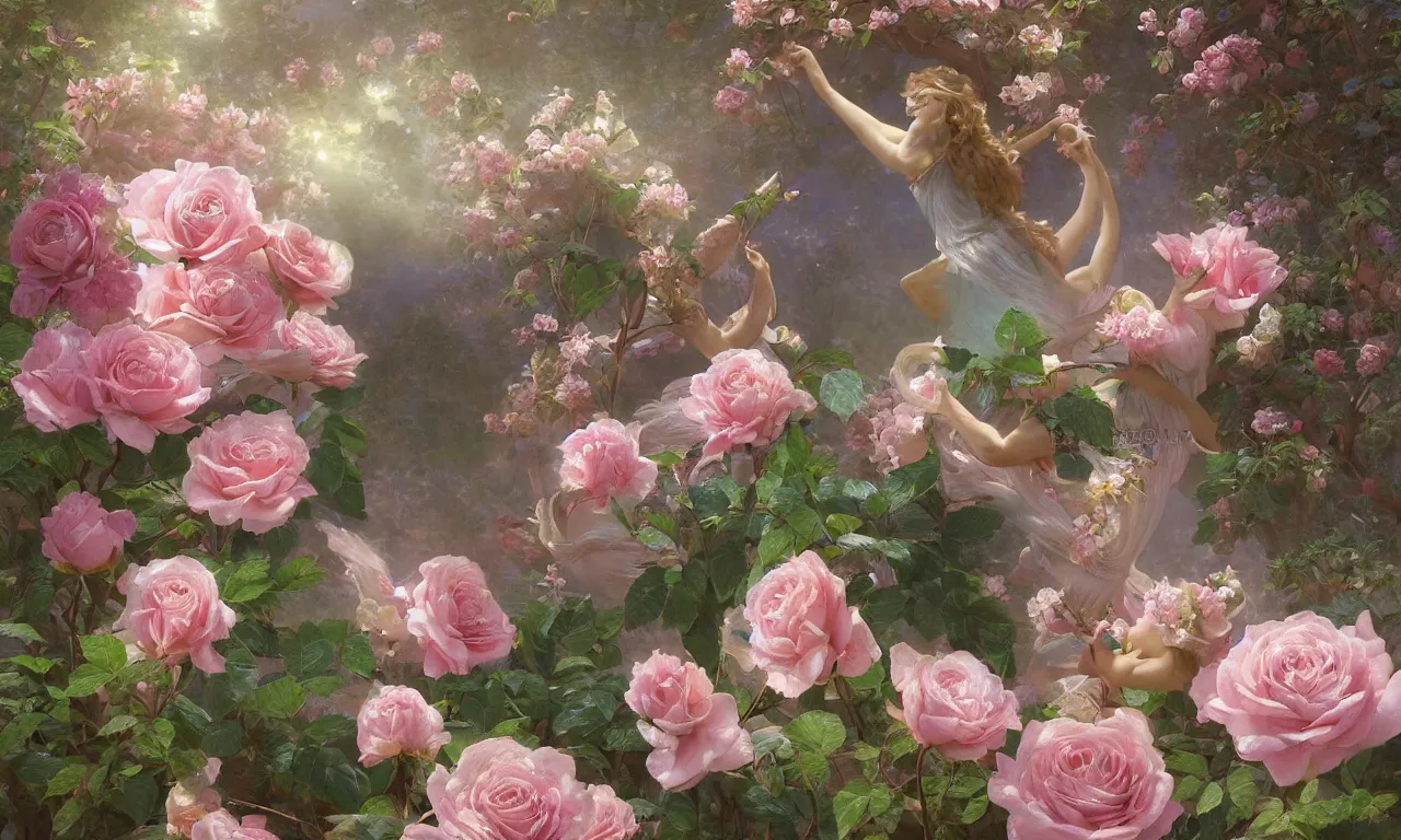 Image similar to a luminous springtime fairytale of an iridescent dragon in a romantic rose garden. Neon light, masterpiece 4k digital illustration by Artgerm and William-Adolphe Bouguereau, award winning, Artstation, Gustave Dore' background, intricate details, realistic, panoramic view, volumetric lighting, Hyperdetailed, 8k resolution, intricate art nouveau, golden hour, rendered in Unreal Engine 3
