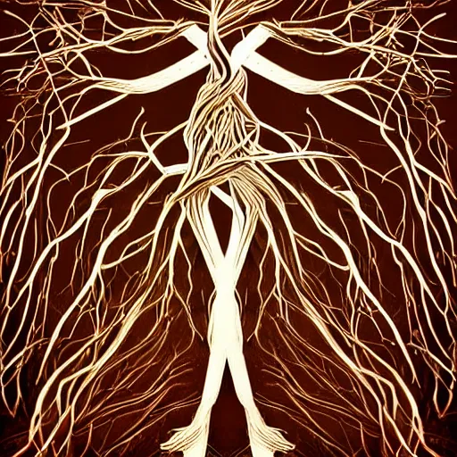 Image similar to digital art, Abstract art, humain female body made of roots, intricate roots, trending on artstation,