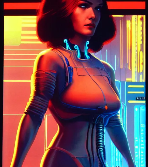 Image similar to cable plugged in, side of head, very very beautiful woman, cyberdeck computer terminal, netrunner, 1 9 7 9 omni magazine cover, style by vincent di fate, cyberpunk 2 0 7 7, very coherent, detailed, 4 k resolution, unreal engine, daz