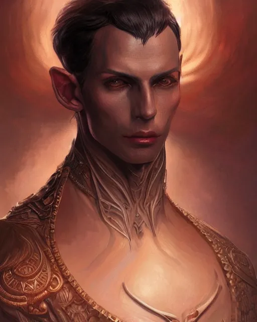 Image similar to portrait of a handsome male dark elf, fantasy, frank herbert, intricate, elegant, highly detailed, digital painting, artstation, concept art, sharp focus, illustration, art by artgerm and greg rutkowski and alphonse mucha