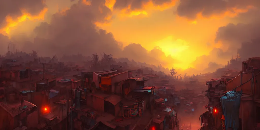 Image similar to Andreas Rocha painting of a cyberpunk African favela, hazy sunset with dramatic clouds, deep blues, wide angle lens, asymmetrical, trending on Artstation, High quality image