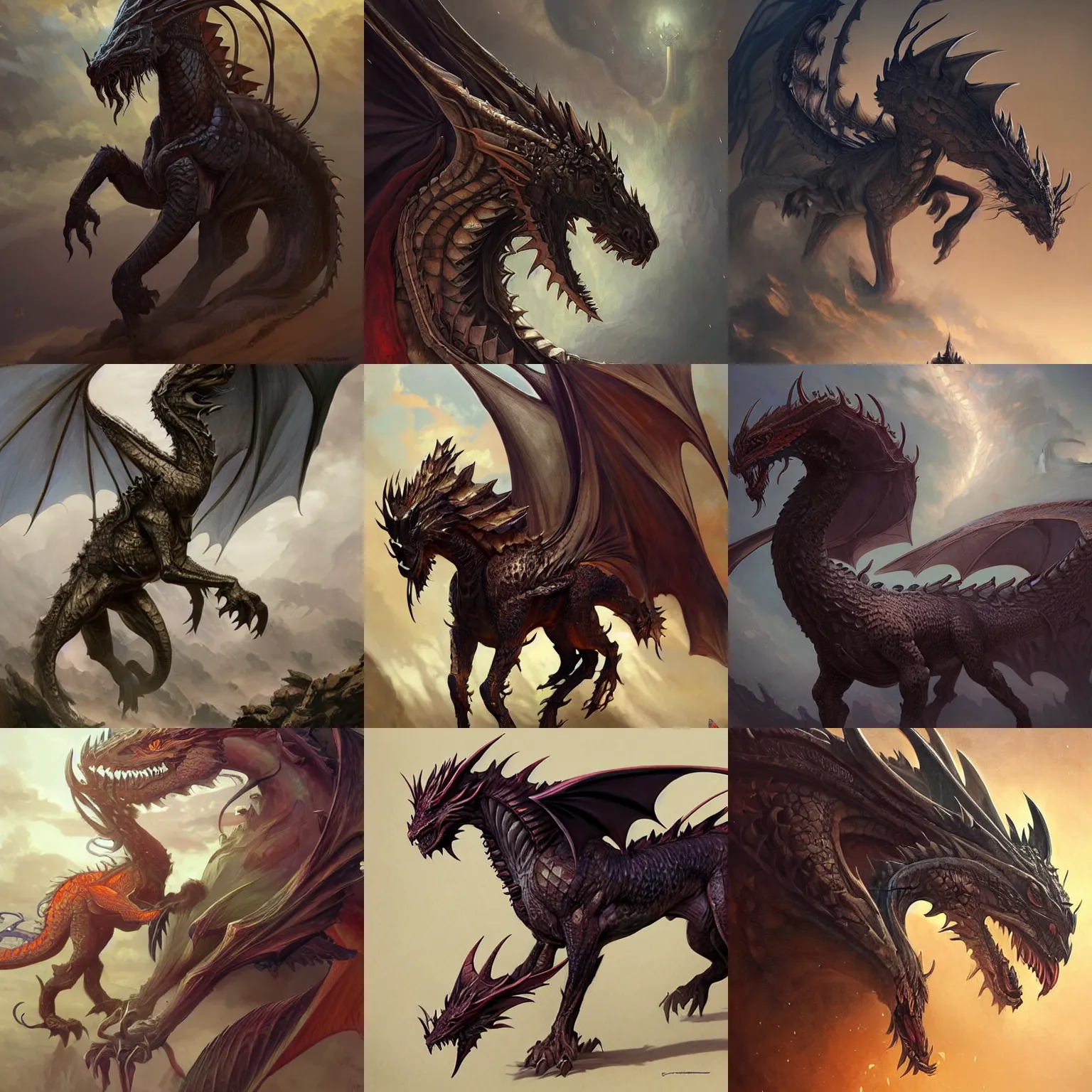 Prompt: dragon-horse hybrid, monster design, D&D, fantasy, highly detailed, digital painting, artstation, concept art, sharp focus, illustration, art by artgerm and greg rutkowski and alphonse mucha