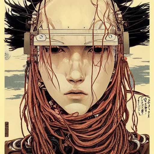 Image similar to a beautiful ukiyo painting of robot with dreadlocks, wearing space techwear, detailed symmetrical close up portrait, intricate complexity, by takato yamamoto, wlop, krenz cushart. cinematic dramatic atmosphere, sharp focus