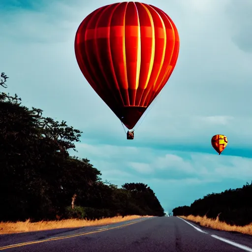 Prompt: a hot air balloon flying in the middle of the road, liminal space, uncanny, saturated, dynamic lightning