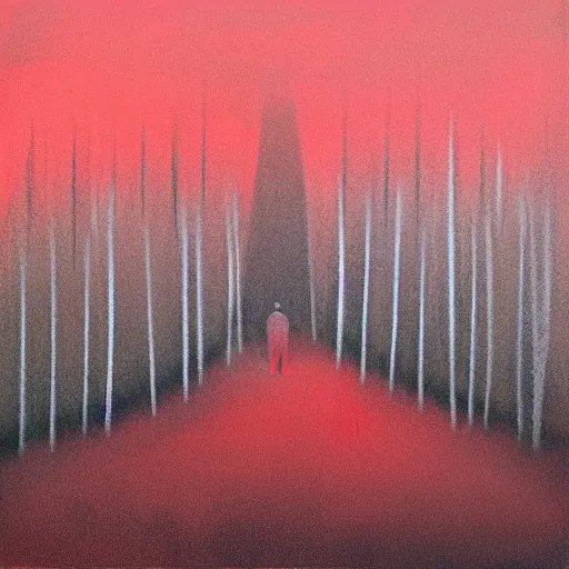 Image similar to a lonely man standing on a deserted planet, forestry, dreary, head down, smokey, mist, blur, red lighting, acrylic art,