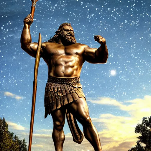 Prompt: a grand bronze statue of a burly muscular viking, wielding a large halberd threateningly in one outstretched hand, flowing hair and long robes, regal and menacing visage, built in a verdant field surrounded by ancient ruins, at dusk with purple twilight night sky with stars and galaxies, enhanced 4 k stylized digital art