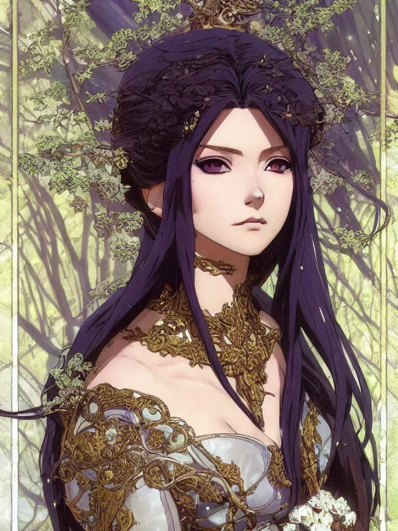 Prompt: anime key visual closeup of amora the enchantress wearing a medieval gown!! intricate, magical forest, stunning, highly detailed, digital painting, artstation, smooth, hard focus, illustration, art by artgerm and greg rutkowski and alphonse mucha