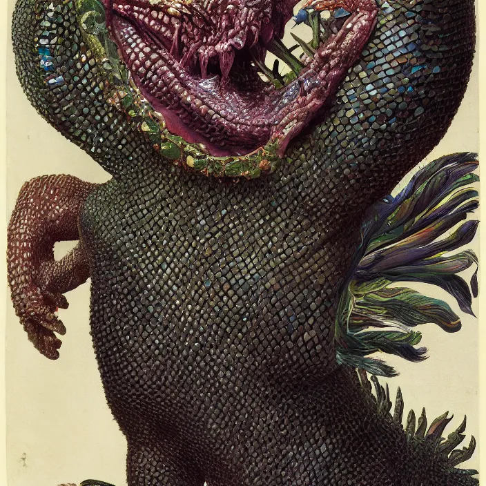 Prompt: close up portrait of an mutant monster creature with proud, reptilian allure, iridescent scales, dovish feathers, diaphanous fungic protuberances. jan van eyck, walton ford