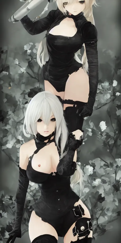 Image similar to 2b Nier Automata, Black lace clothing, blonde hair, attractive woman