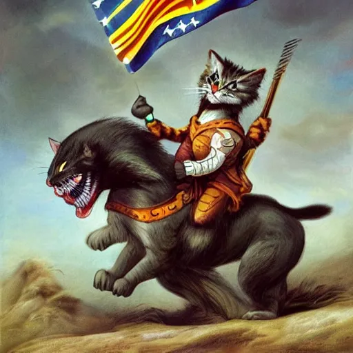 Image similar to a warrior cat carrying his battle flag while riding a large steed cat that is galloping into battle