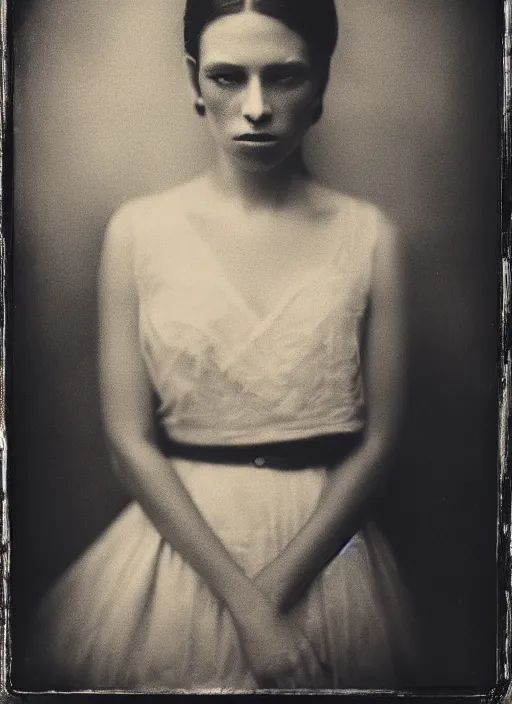 Prompt: portrait of a young women, photo realistic, elegant, award winning photograph, parallax, cinematic lighting, ambrotype wet plate collodion by richard avedon and shane balkowitsch