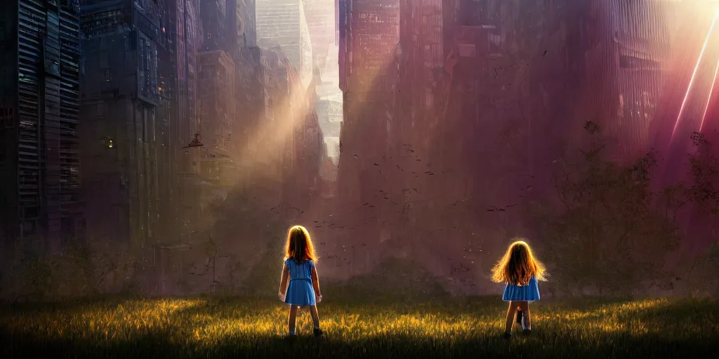 Image similar to sci - fi scene future new york city, little girl by herself in abandoned manhattan holding onto the outstretched hand of a giant robot, forest punk, little girl meets robot, crepuscular rays, epic scene, hyper realistic, photo realistic, overgrowth, cinematic atmosphere, ethereal lighting,