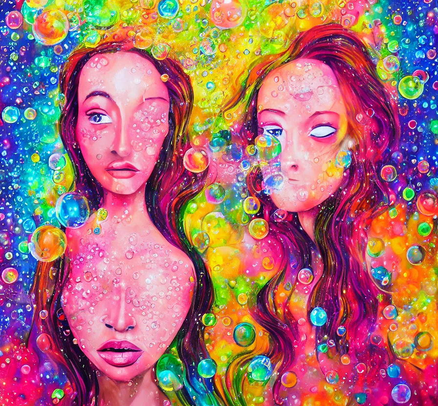 Image similar to beautiful woman, face, bubbles, bubble, watedrops, waterdroplets, acrylicpainting, acrylicpouring, painting, influencer