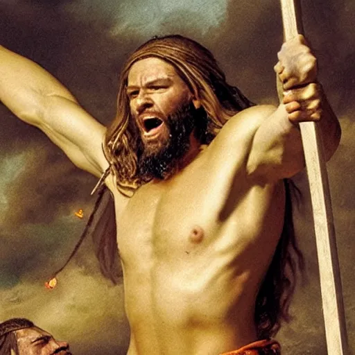 Prompt: Jesus Christ as a viking holding a battleax yelling and raising his arms, 8k, hyperrealistic, professional photography, epic composition