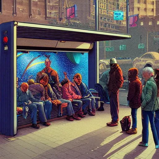 Prompt: people waiting in bus stop, by dan mumford, moebius, yukito kishiro, barclay shaw, hyperrealism octane rendered with cinematic dramatic light by karol bak and monge and rutkowsky
