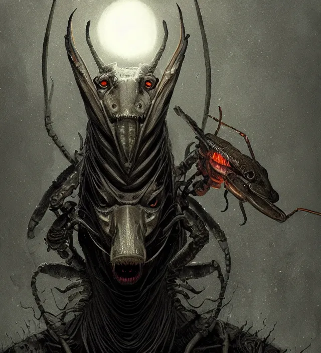 Image similar to a symmetrical matte portrait of an anthropomorphic mantis - headed demon from your worst nightmare. atmospheric lighting beyond creepy, dark, atmospheric, brooding, painted in intricate detailed by greg rutkowski, well composed, trending artstation, epic, stunning, gorgeous, intricate, wow, masterpiece