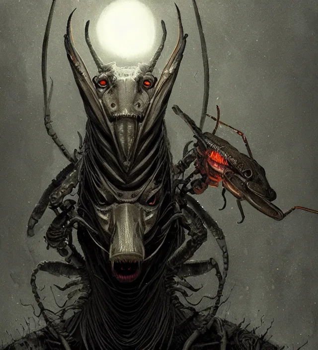 Prompt: a symmetrical matte portrait of an anthropomorphic mantis - headed demon from your worst nightmare. atmospheric lighting beyond creepy, dark, atmospheric, brooding, painted in intricate detailed by greg rutkowski, well composed, trending artstation, epic, stunning, gorgeous, intricate, wow, masterpiece