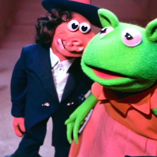 Image similar to miss piggy cheating on kermit the frog with bob dylan