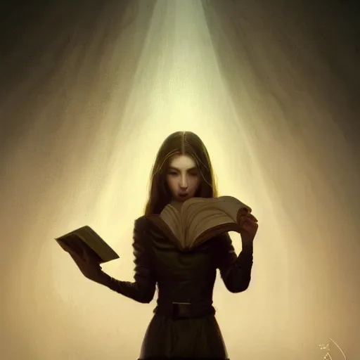 Prompt: mysterious and detailed depiction of a woman holding only a book, evokes a sense of wonder, dramatic lighting, digital art, critical detail, sharp focus, a simple textured vector based illustration, cinematic, contrasting colors, atmospheric dreamscape painting, wlop by ( artstation jeremiah ketner and leonardo da vinci and greg rutkowski )