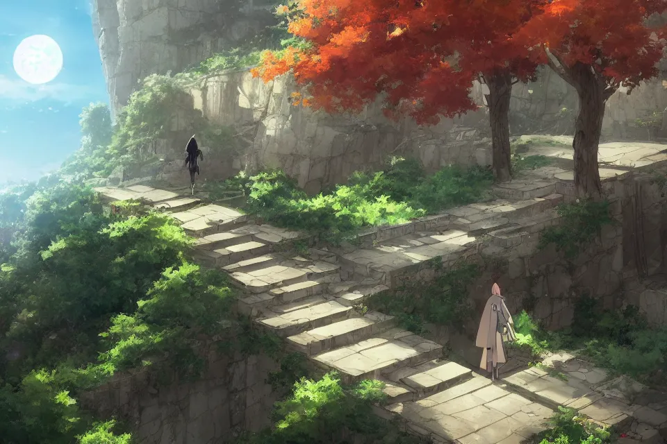 Image similar to the last divinity leaving this wolrd, lonely steps, long range, epic, makoto shinkai style, trending on artstation,