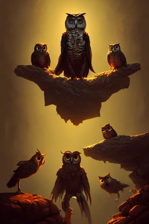 Image similar to portrait of a rock band made up of anthropomorphic owls, dramatic lighting, highly detailed, digital painting, artstation, concept art, smooth, sharp focus, illustration, art by wlop, mars ravelo and greg rutkowski